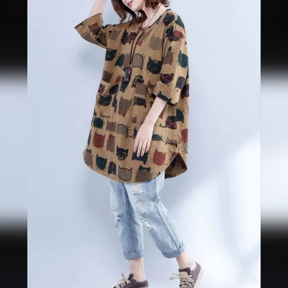 EllaZhu Brown Cat Short SleeveBaggy Tunic Shirt Womens Size One Size - Picture 2 of 12